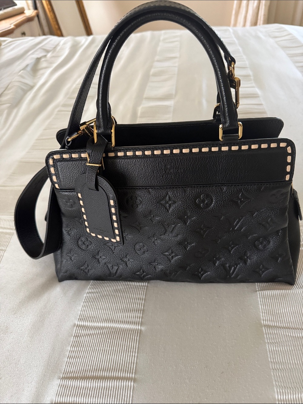 Louis Vuitton Black Monogram Embossed Satchel with Cream Trim